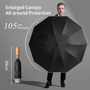 Large 20-rib automatic reverse folding umbrella with wooden handle for storm protection