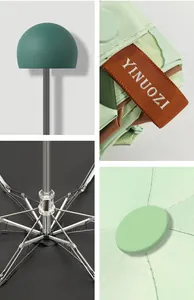 Detail view of folding umbrella showing handle, brand tag, metal ribs and canopy cap.