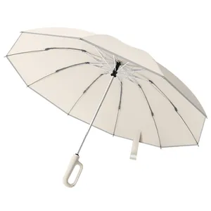 Automatic reverse folding windproof umbrella in beige with ergonomic ring handle design