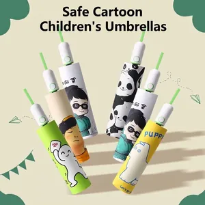 Parapluie Pliant Automatique de Sécurité pour Enfants Dessin Animé Bande Réfléchissante Coins Arrondis Tissu Ponge Baleines en Fibre Solaire Pluie