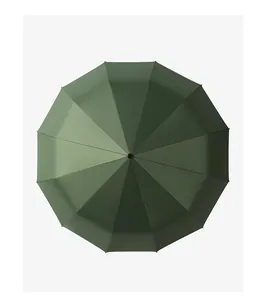 Detailed top-down view of a dark green 12-rib automatic folding umbrella on a white background