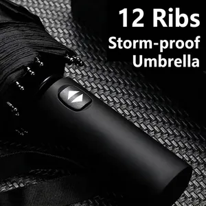 Fully Automatic Folding Umbrella Reinforced Windproof Ribs Sun Rain Dual Use Black Coating UV Protection Business Travel Compact Umbrella For Adults