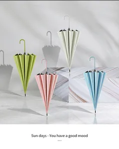 Four stylish 16-rib automatic long-handle umbrellas in various pastel colors.