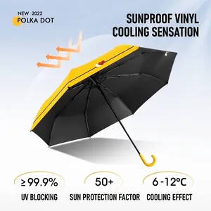 Yellow folding UV protection umbrella with black coating and heart pattern details