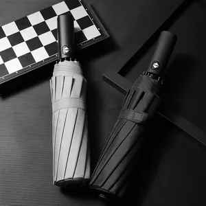 Premium large automatic folding umbrella set for sun and rain protection in grey and black