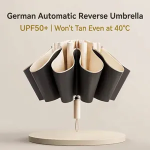 Automatic Reverse Folding Pongee Cloth Umbrella UPF50+ Black Glue Coating Fiber Aluminum Ribs Reflective LED Umbrella