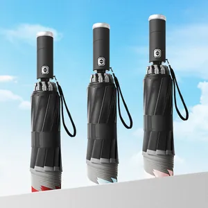 Volautomatische Omgekeerd Opvouwbare Paraplu Met LED Licht Handvat En Reflecterende Strip Winddichte Zon Regen Paraplu Voor Heren Dames