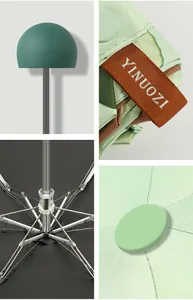 Detail collage of a compact 5-fold UV umbrella showing handle, frame, and brand tag.