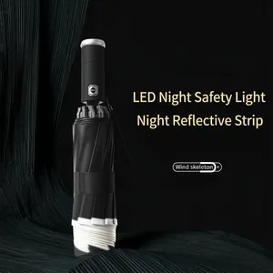 Fully Automatic Reverse Folding Umbrella LED Light Reflective Strip Windproof Sun Rain Pongee Black Coating Travel Umbrella