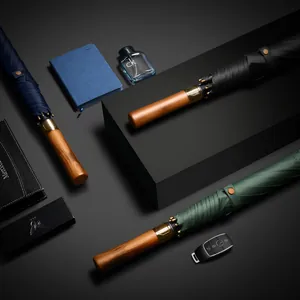 Large Automatic Long Handle Business Umbrella Windproof Pongee Fabric Solid Wood Handle Sun Rain Dual Use Golf Umbrella