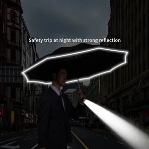 Professional automatic folding umbrella with reflective edge and LED light for night safety.