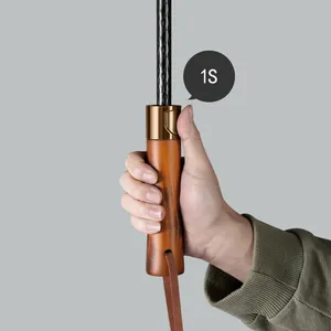 Automatic long-handle umbrella featuring wood-grain handle and 1-second quick opening button