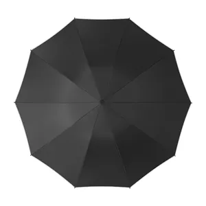 Top-down view of an open black automatic folding umbrella for rain and sun protection.