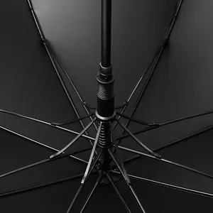 Close-up view of a durable black umbrella frame with reinforced ribs and metal shaft.