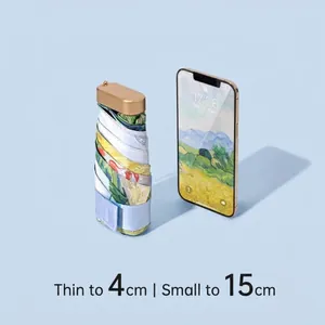 Ultra-light portable 5-fold sun umbrella with Van Gogh art pattern, 15cm compact length.
