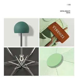 Close-up detail collage of a portable five-fold sun umbrella showing ribs and tag