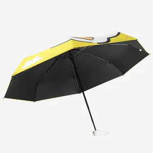 Compact 5-fold sun umbrella with black glue coating and cartoon egg design
