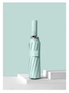 Elegant mint green automatic folding umbrella standing on minimalist white display blocks