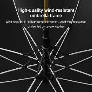Premium 8-rib fiberglass frame detail of a large sturdy long-handle automatic umbrella