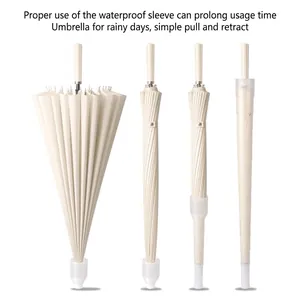 Elegant cream 24-rib long handle umbrella with an integrated retractable waterproof cover