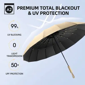 Large automatic folding sun umbrella with 99% UV blocking black coating protection