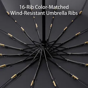 Detail view of automatic large folding umbrella with 16 windproof ribs structure