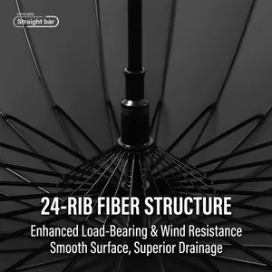 Detailed interior view of a 24-rib sturdy long handle umbrella with fiberglass frame