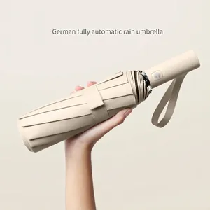 Premium beige fully automatic folding umbrella featuring windproof and UV protection