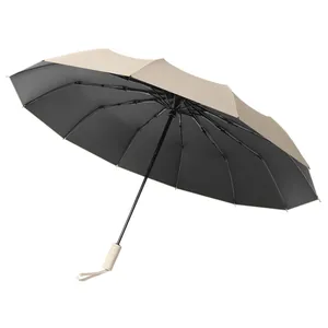Automatic folding sun and rain umbrella with black UV protection coating and beige exterior