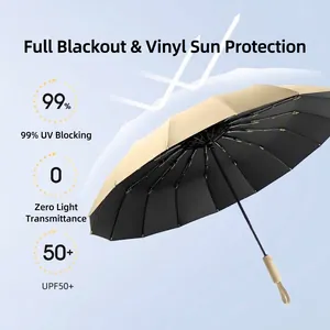 16-rib automatic folding umbrella with black UV-blocking coating for sun and rain