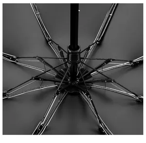 Detail shot of the reinforced black metal ribs of a portable 5-fold sun and rain umbrella
