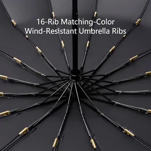 Internal view of 16-rib windproof automatic folding umbrella frame with gold accents.