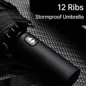 Durable 12-rib automatic folding umbrella featuring reinforced windproof storm protection