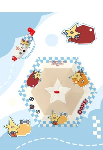 Detail view of cute cartoon star character umbrella with blue checkered border pattern.