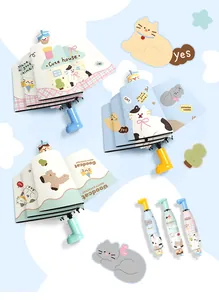 Detailed view of various cute cartoon cat pattern foldable sun and rain umbrellas in pastel colors