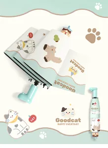 Close-up of cute cat-themed foldable umbrella with decorative pinwheel on top