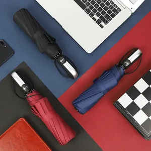 Automatic folding business umbrellas in black, navy blue, and red for windproof use