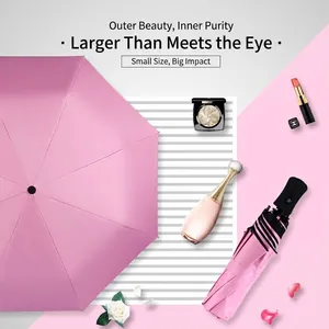 Compact automatic folding pink umbrella for sun and rain with UV protection coating
