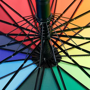 Detailaufnahme eines 16-Speichen-Regenbogen-Regenschirms mit stabiler windfester Struktur.