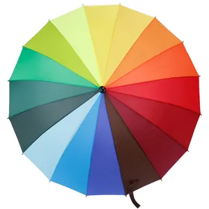 Bunter Regenbogen-Regenschirm mit 16 stabilen Rippen in der Draufsicht für optimalen Schutz