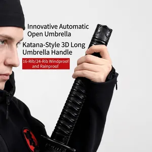Black windproof samurai sword handle automatic long umbrella with 16 or 24 ribs