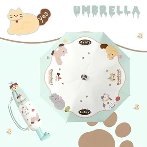 Portable folding sun and rain umbrella with cute cartoon cat pattern for women's use