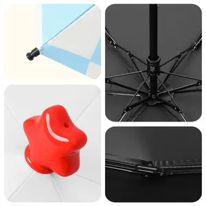 Detail views of 5-fold sun umbrella with cute red star handle and UV protection