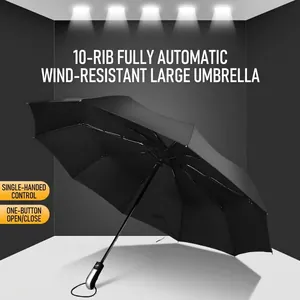 Automatischer windfester 10-Speichen-Regenschirm in Schwarz, faltbar und robust