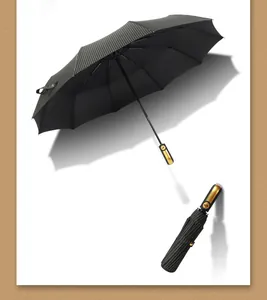 Detailed view of the extra-large automatic folding umbrella with gold pinstripes