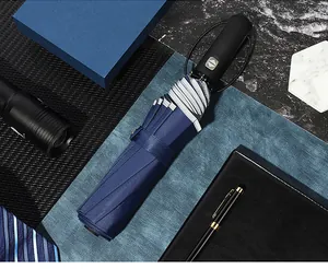 Detalle de cerca de un paraguas automático azul oscuro con un borde reflectante plata.