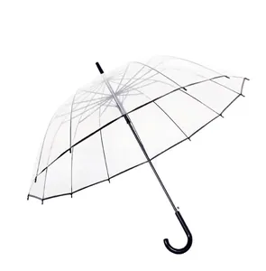 Großer 16-Speichen Automatik-Regenschirm, transparent mit schwarzem Rand.