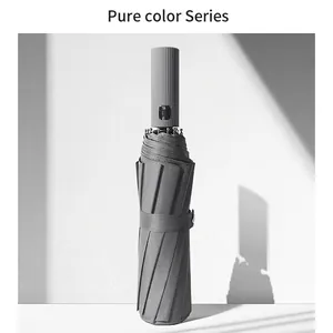 Sleek automatic folding umbrella in dark grey with a minimalist ribbed handle design