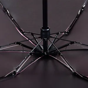 Detailed interior view of a mini folding sun umbrella with black fabric and pink edges