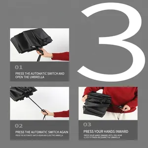 Large black automatic foldable umbrella shown with a three-step operational user guide